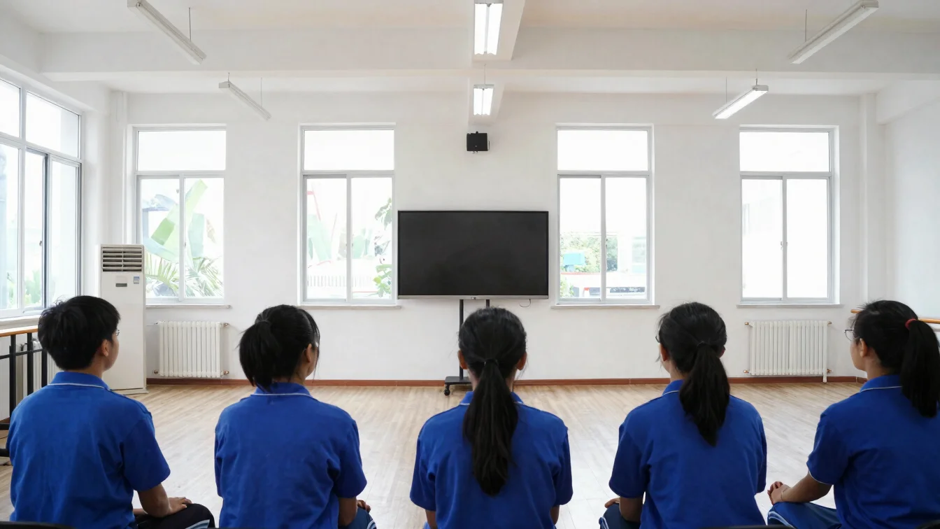 A training room with a small group watching a screen, bright natu