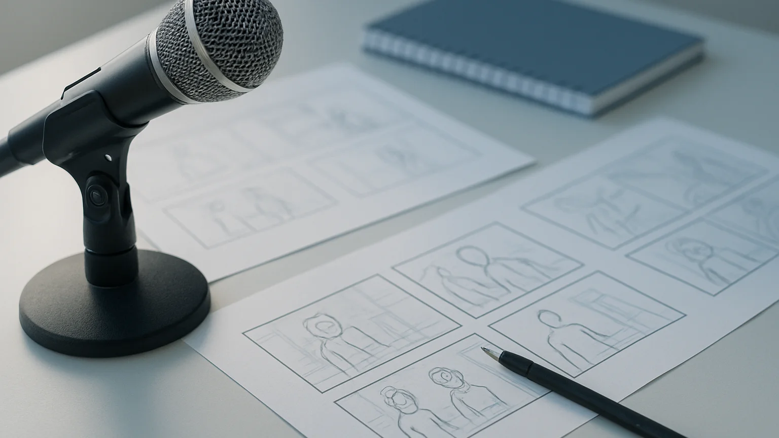 Close detail of a microphone and storyboard sketches on a desk, s