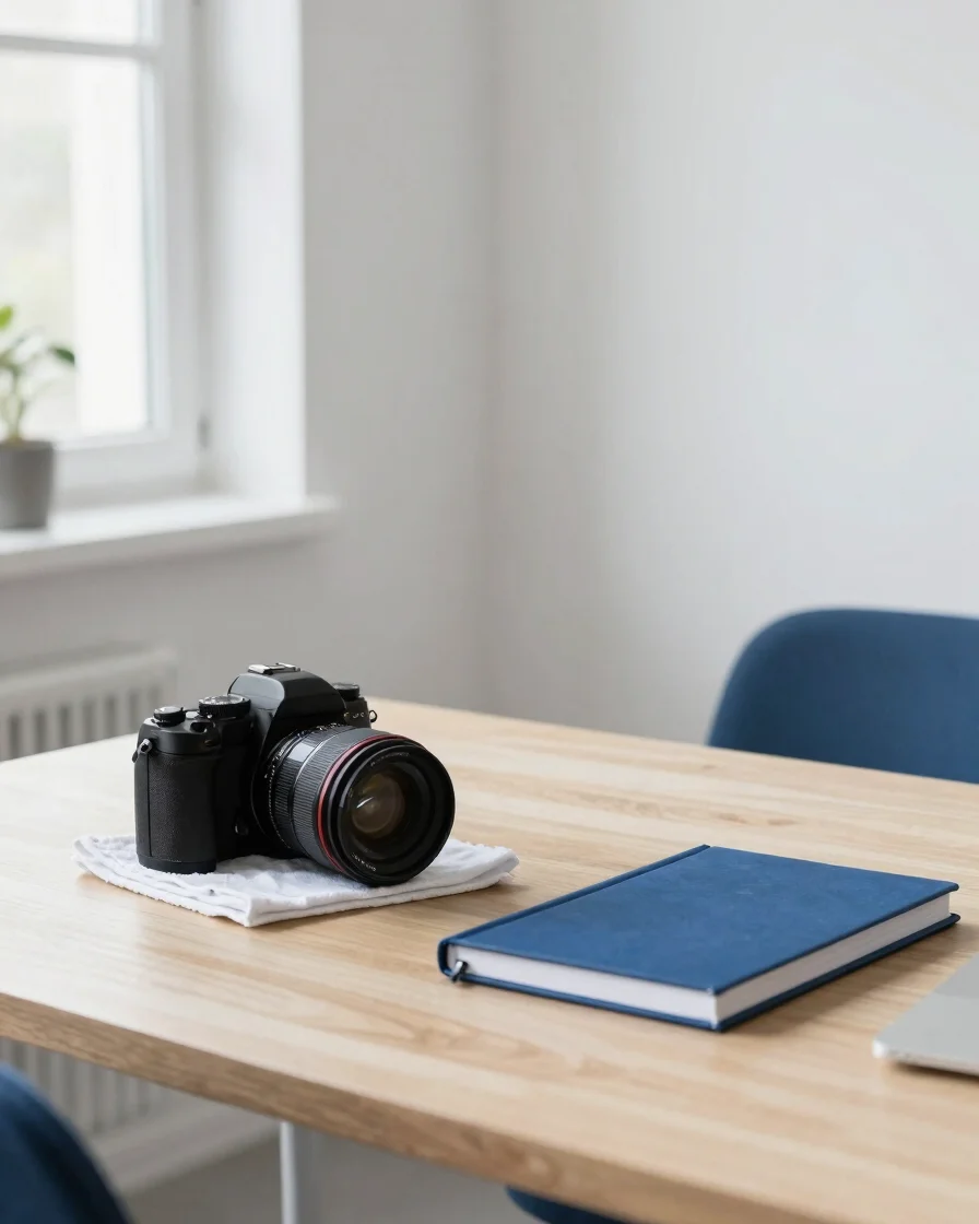 Soft natural daylight on a wooden table with a camera, lens cloth