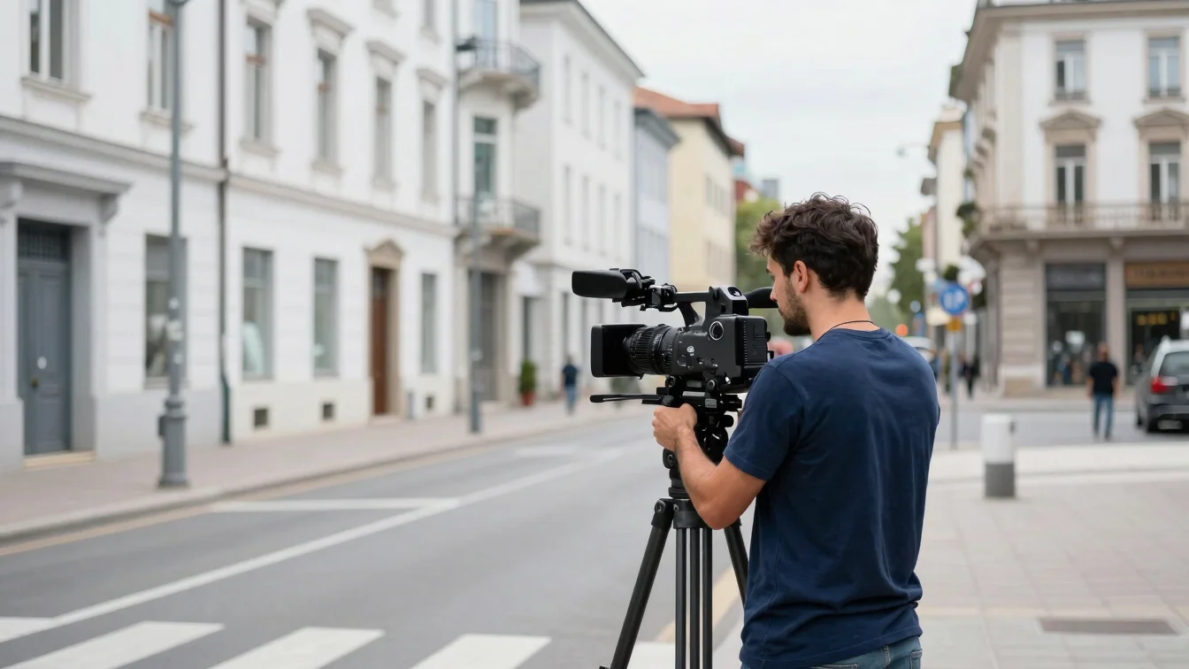 A camera operator filming a workplace scene outdoors in a Europea